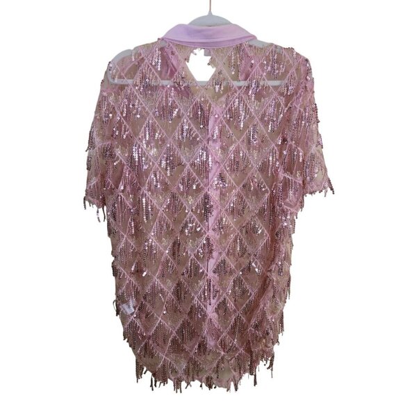 Pink Sequined Fringe Sheer Short Sleeve Party Festival Unisex Snap Shirt Size XL - Picture 3 of 11
